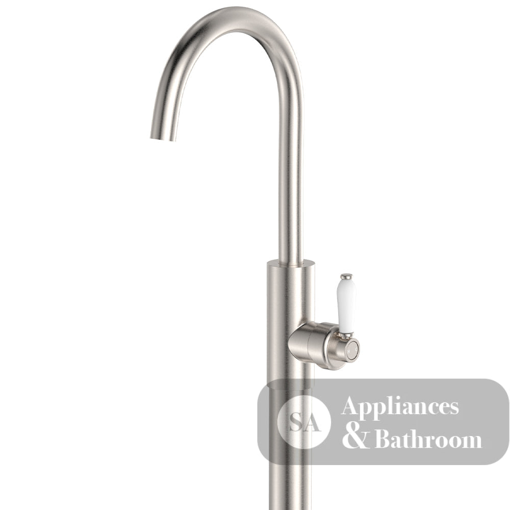 Fienza 202112BN-LF Eleanor Floor Mounted Basin/Bath Mixer White Handle Lead Free Brushed Nickel - Bath Fillers