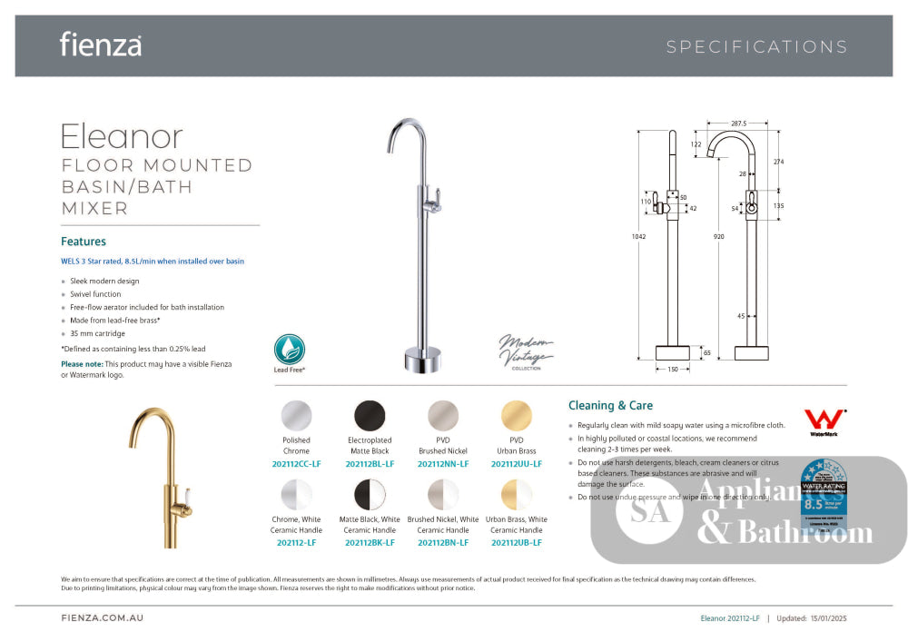 Fienza 202112CC-LF Eleanor Floor Mounted Basin/Bath Mixer Chrome Handle Lead Free Chrome - Bath Fillers