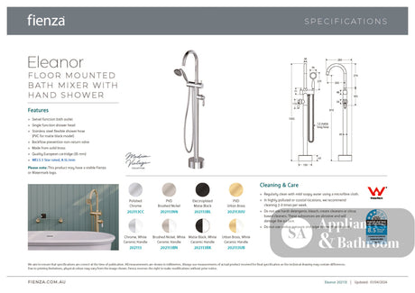 Fienza 202113 Eleanor Floor Mixer & Shower Chrome with White Ceramic Handle - Bath Fillers