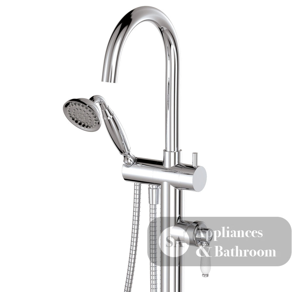 Fienza 202113 Eleanor Floor Mixer & Shower Chrome with White Ceramic Handle - Bath Fillers