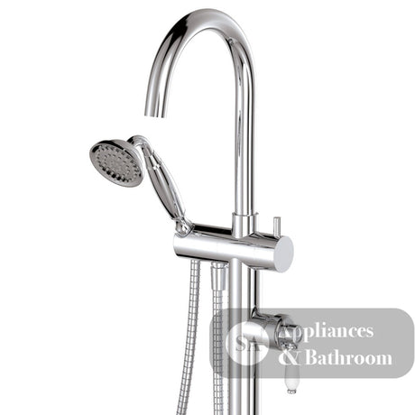 Fienza 202113 Eleanor Floor Mixer & Shower Chrome with White Ceramic Handle - Bath Fillers