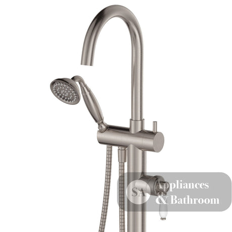 Fienza 202113BN Eleanor Brushed Nickel Floor Bath Mixer & Shower with White Ceramic Handle - Bath Fillers
