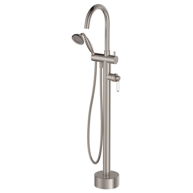 Fienza 202113BN Eleanor Brushed Nickel Floor Bath Mixer & Shower with White Ceramic Handle - Bath Fillers