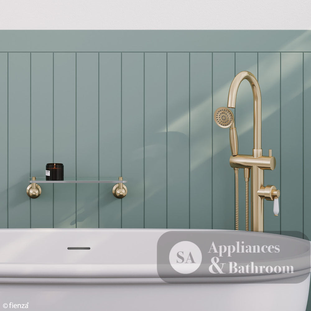 Fienza 202113UB Eleanor Urban Brass Floor Mounted Bath Mixer with Handle Shower with White Ceramic Handle - Bath Fillers