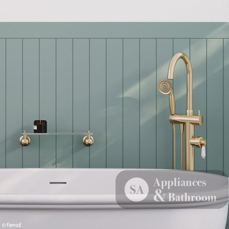 Fienza 202113UB Eleanor Urban Brass Floor Mounted Bath Mixer with Handle Shower with White Ceramic Handle - Bath Fillers