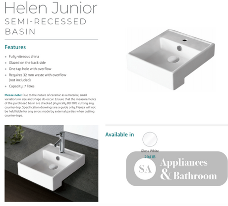 Fienza 2041B Helen Junior Semi Recessed 1 Tap Hole Ceramic Basin White - Basins