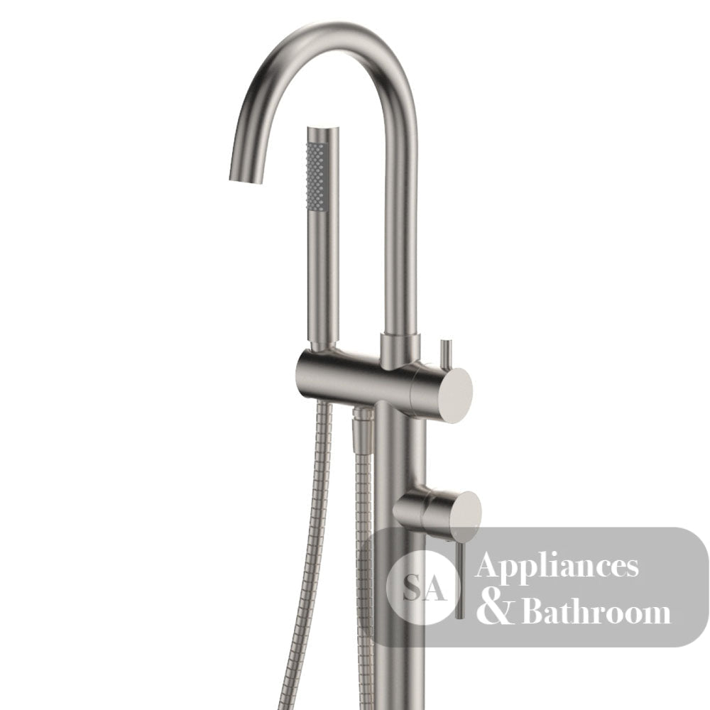 Fienza 213113BN Kaya Floor Mounted Bath Mixer With Hand Shower Brushed Nickel - Bath Fillers