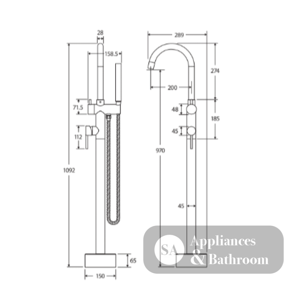 Fienza 213113UB Kaya Floor Mounted Bath Mixer With Hand Shower Urban Brass - Bath Fillers