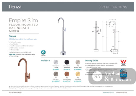 Fienza 221112BN-LF Empire Slim Floor Mounted Basin/Bath Mixer Lead Free Brushed Nickel - Bath Fillers