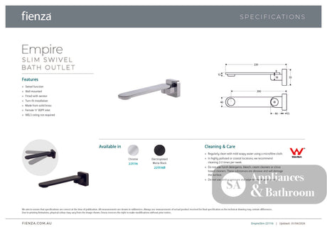 Fienza 221116 Empire Slim Swivel Bath Outlet Chrome - Wall Spouts