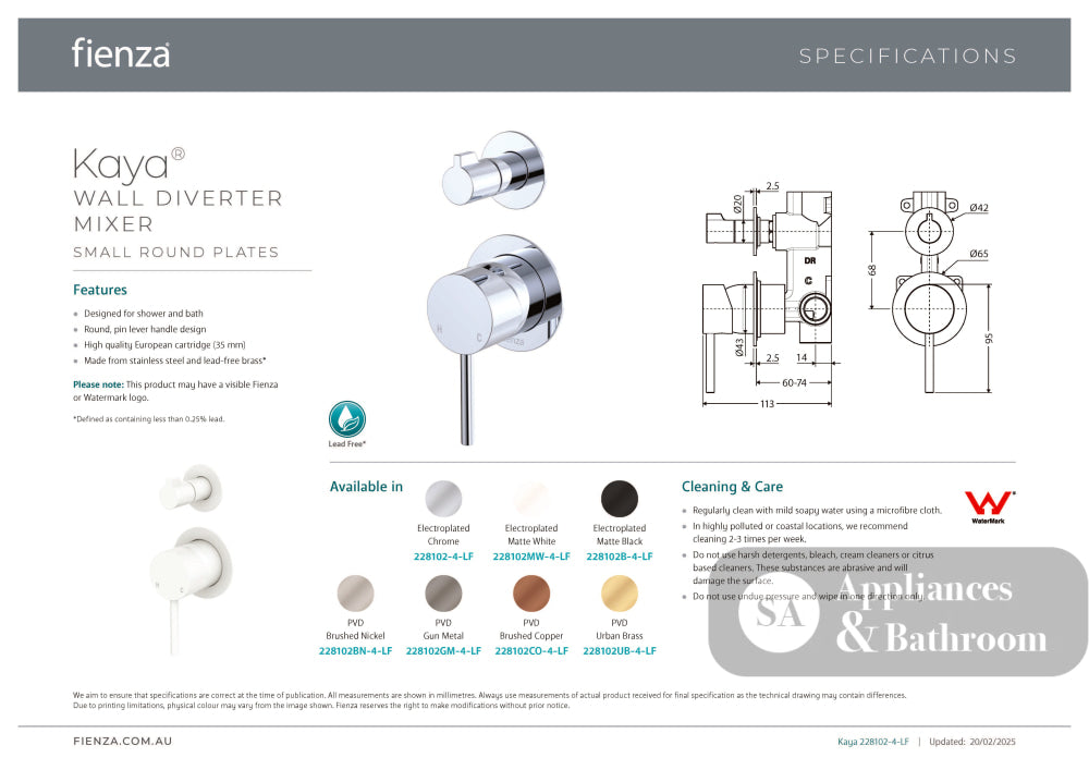 Fienza 228102-4-LF Kaya Wall Diverter Mixer Small Round Plates Chrome - Wall Mixer Diverter