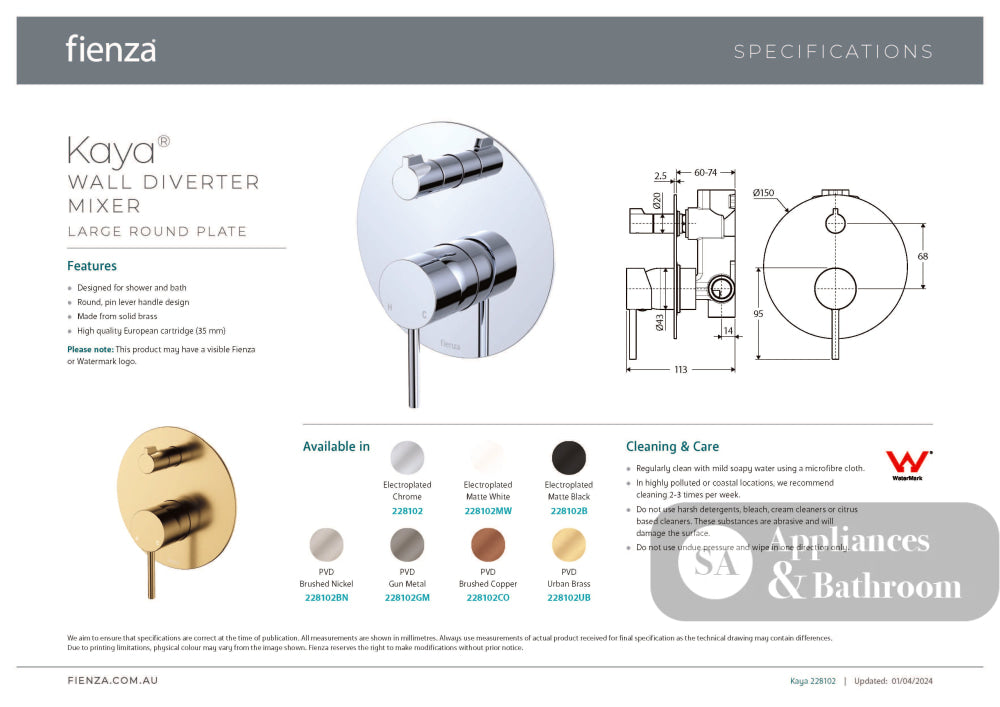 Fienza 228102B-LF Kaya Large Round Plate Wall Diverter Mixer Lead Free Matte Black - Wall Mixer Diverter