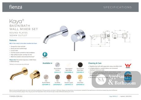 Fienza 228104-LF Kaya Wall Basin/Bath Mixer Set Round Plates Chrome 160mm Outlet - Bathroom Wall Mixers