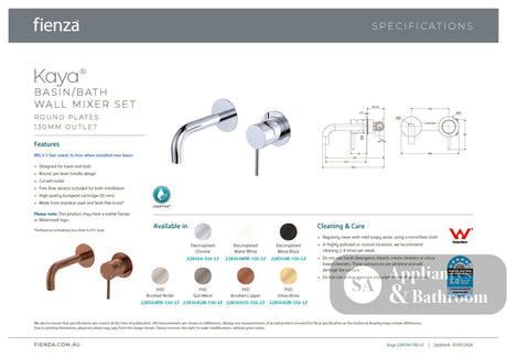 Fienza 228104B-130-LF Kaya Wall Basin/Bath Mixer Set Round Plates Matte Black 130mm Outlet - Bathroom Wall Mixers
