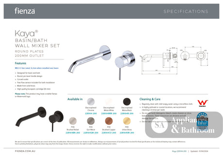 Fienza 228104B-200-LF Kaya Wall Basin/Bath Mixer Set Matte Black Round Plates 200mm Outlet - Bathroom Wall Mixers