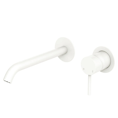 Fienza 228104MW-200-LF Kaya Wall Bath/ Basin Mixer Set Round Plate Matte White 200mm Outlet - Wall Mixers & Spouts
