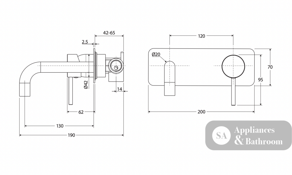 Fienza 228106GM-130-LF Kaya Wall Basin/Bath Mixer Set Rectangular Plate Gun Metal 130mm Outlet - Bathroom Wall Mixers