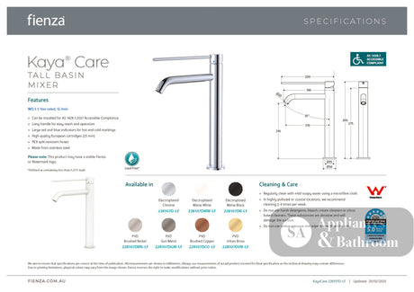 Fienza 228107D-LF Kaya Care Tall Basin Mixer Chrome - Mixer Taps Care and Assisted Living