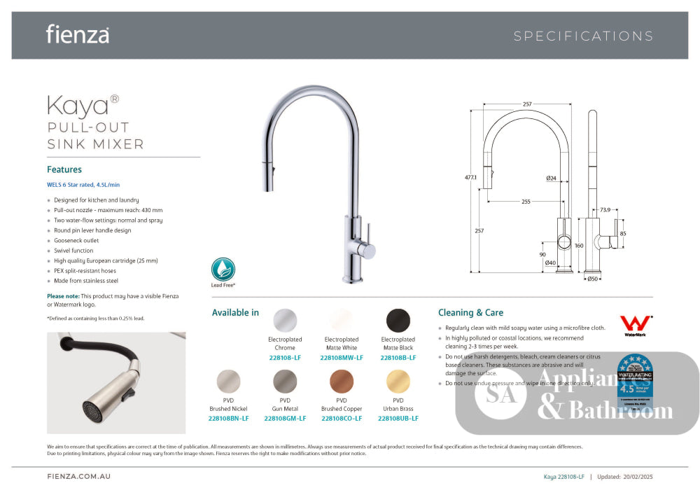 Fienza 228108GM-LF Kaya Pull Out Sink Mixer Gun Metal - Kitchen Mixer Taps