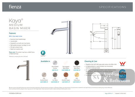 Fienza 228110UB-LF Kaya Basin Medium Mixer Urban Brass - Basin Mixers