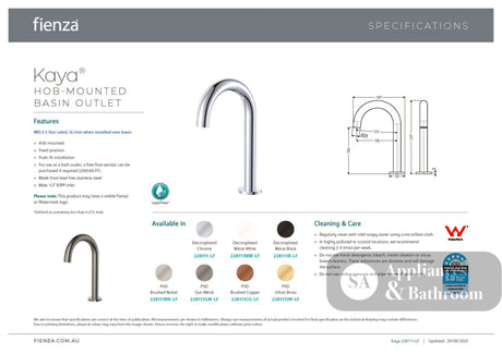 Fienza 228111CO-LF Kaya Hob-Mounted Fixed Bath / Basin Outlet Brushed Copper - Basin Mixers