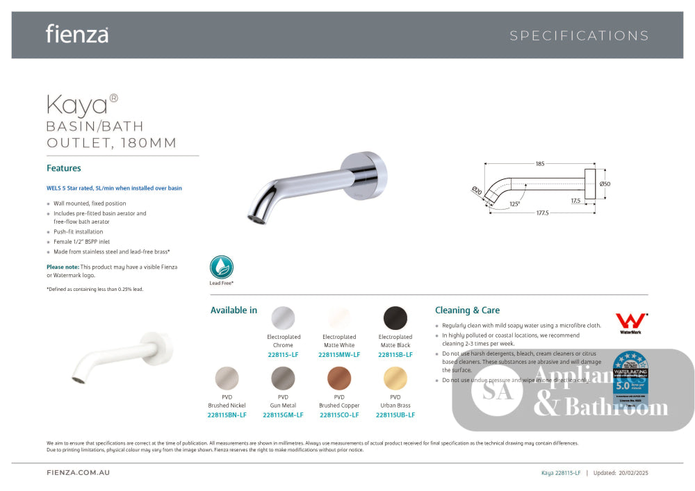 Fienza 228115MW-LF Kaya Bath/ Basin 180mm Outlet Matte White - Bath/Basin Spouts