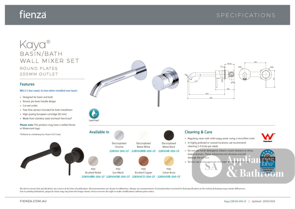 Fienza 228118-200-LF Kaya Up Basin/Bath Wall Mixer Set Round Plates 200mm Outlet Lead Free Chrome - Bathroom Wall Mixers