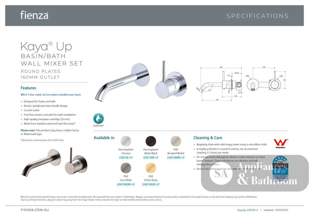 Fienza 228118GM-LF Kaya Up Basin/Bath Wall Mixer Set Round Plates 160mm Outlet Lead Free Gun Metal - Bathroom Wall
