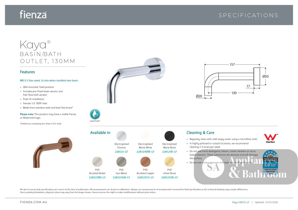 Fienza 228121MW-LF Kaya Basin/Bath Outlet 130mm Lead Free Matte White - Wall Spouts