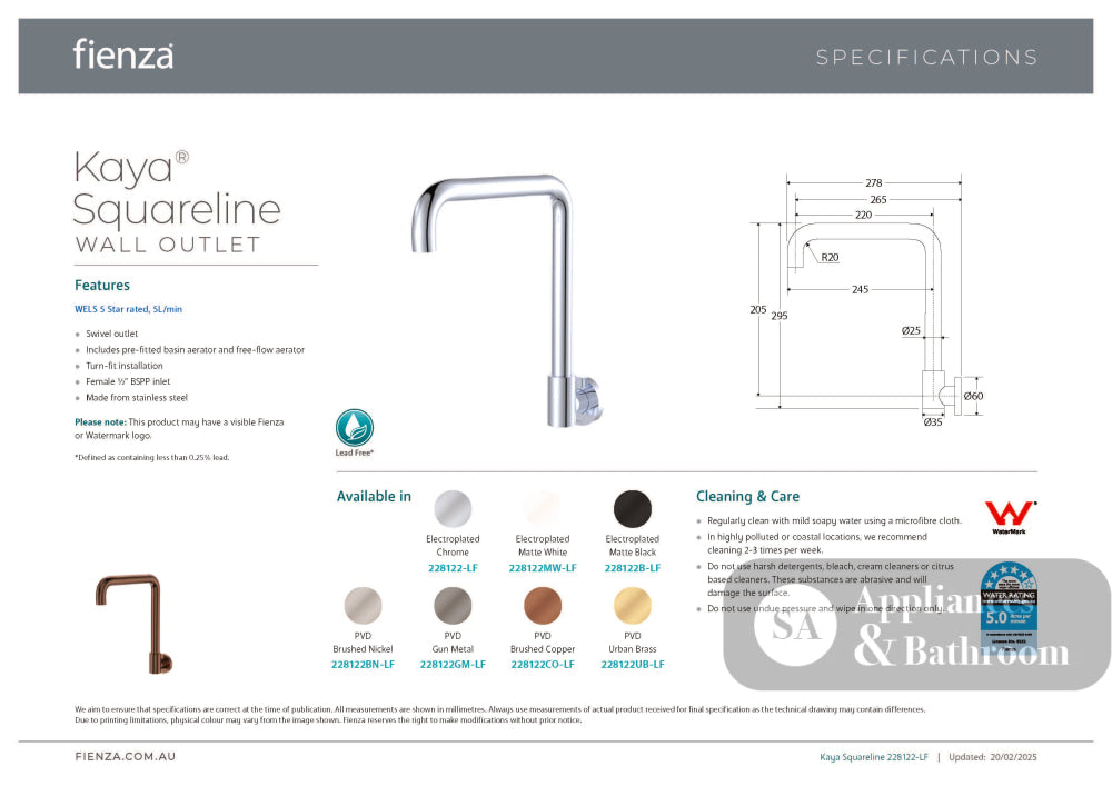 Fienza 228122UB-LF Kaya Squareline Wall Swivel Outlet Set Urban Brass - Wall Mixers & Spouts