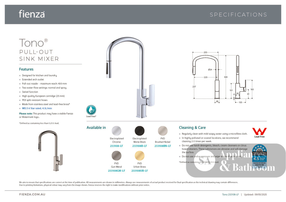 Fienza 233108GM-LF Tono Pull Out Sink Mixer Gun Metal - Kitchen Mixer Taps