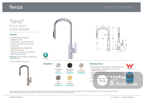 Fienza 233108GM-LF Tono Pull Out Sink Mixer Gun Metal - Kitchen Mixer Taps