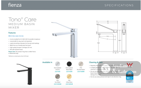 Fienza 233110DGM Tono Care Medium Basin Mixer Gunmetal - Mixer Taps Care and Assisted Living