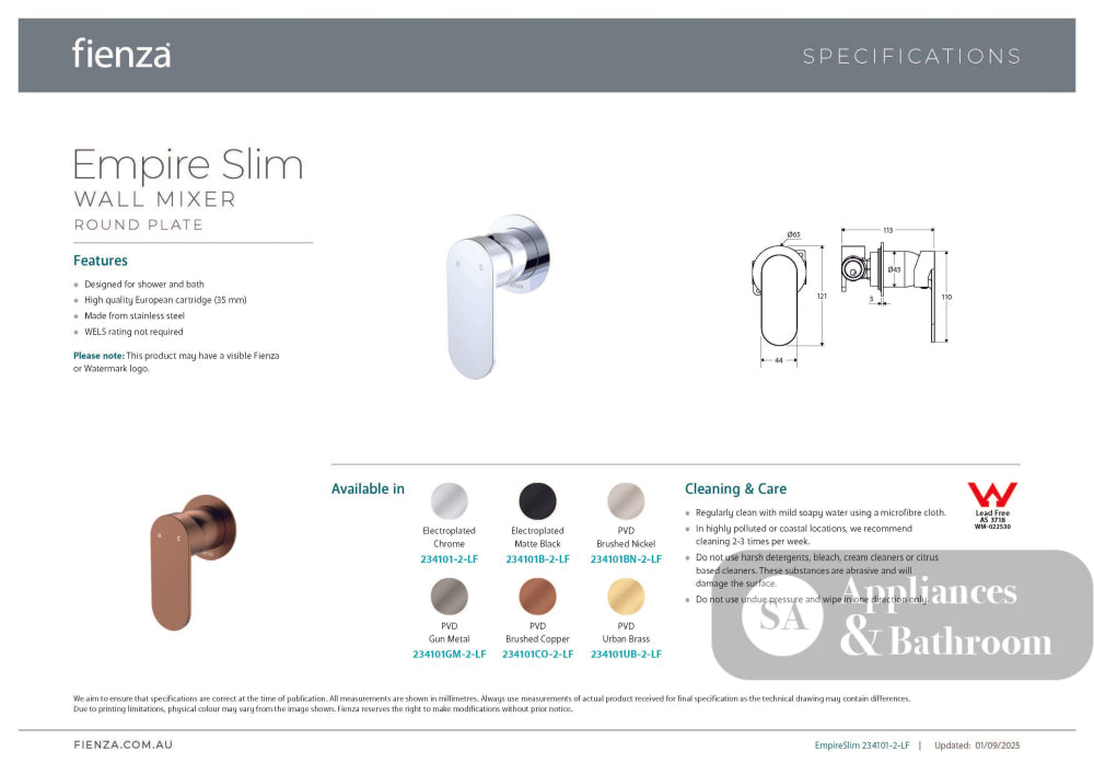 Fienza 234101BN-2-LF Empire Slim Wall Mixer Round Plate Lead Free Brushed Nickel - Bathroom Wall Mixers