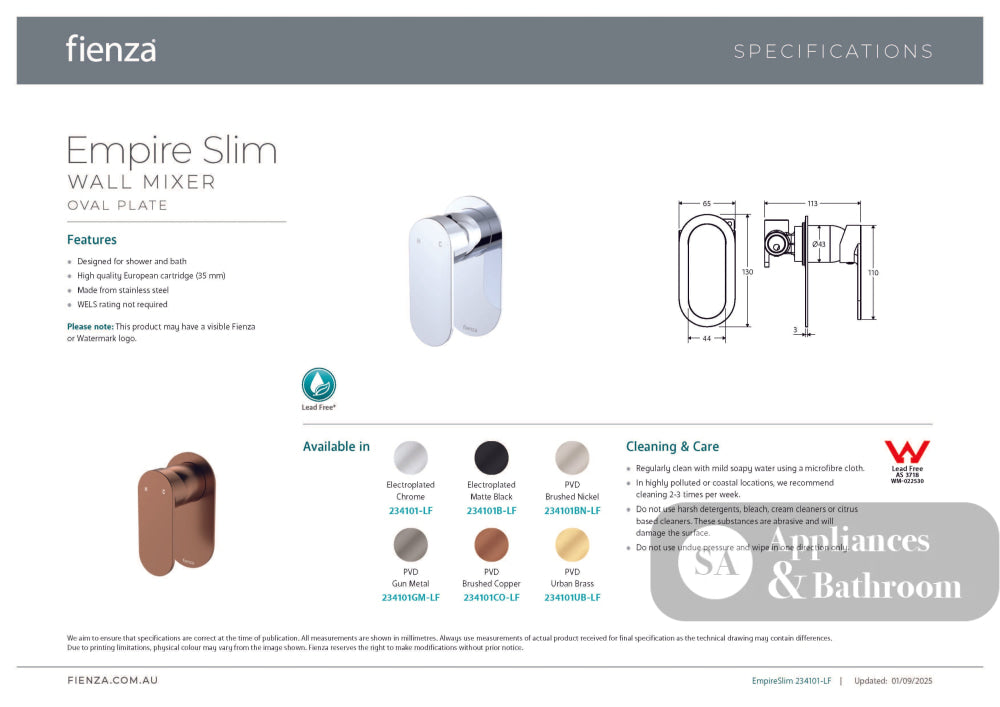 Fienza 234101CO-LF Empire Slim Wall Mixer Oval Plate Lead Free Brushed Copper - Bathroom Wall Mixers
