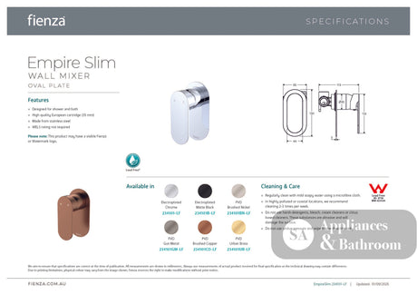 Fienza 234101CO-LF Empire Slim Wall Mixer Oval Plate Lead Free Brushed Copper - Bathroom Wall Mixers