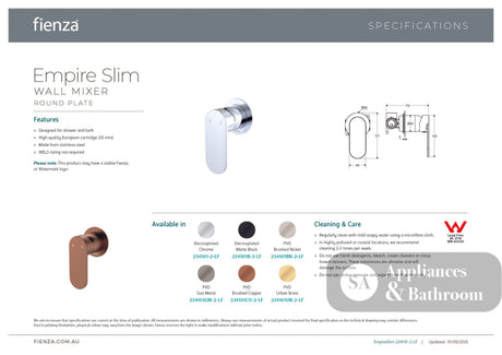Fienza 234101GM-2-LF Empire Slim Wall Mixer Round Plate Lead Free Gun Metal - Bathroom Wall Mixers