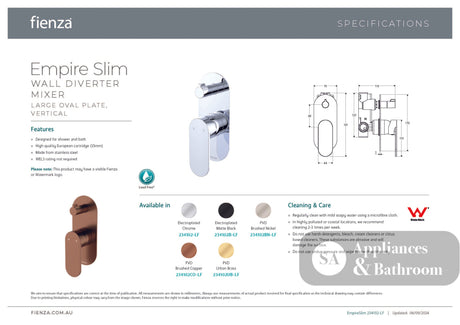 Fienza 234102CO-LF Empire Slim Wall Diverter Mixer Large Oval Plate Vertical Lead Free Brushed Copper - Wall Mixer