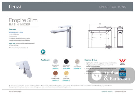 Fienza 234103-LF Empire Slim Basin Mixer Cold Start Lead Free Chrome - Basin Mixers