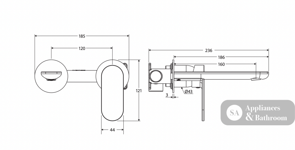 Fienza 234104-LF Empire Slim Basin/Bath Wall Mixer Set Round Plates 160mm Outlet Lead Free Chrome - Bathroom Wall Mixers