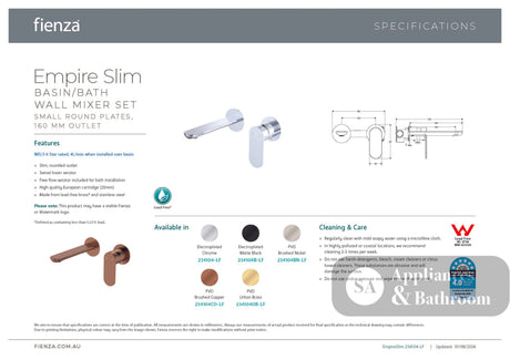 Fienza 234104-LF Empire Slim Basin/Bath Wall Mixer Set Round Plates 160mm Outlet Lead Free Chrome - Bathroom Wall Mixers