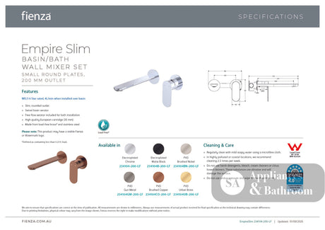 Fienza 234104BN-200-LF Empire Slim Basin/Bath Wall Mixer Set Round Plates 200mm Outlet Lead Free Brushed Nickel - Wall