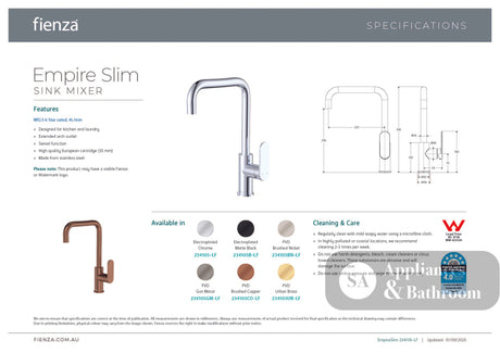 Fienza 234105-LF Empire Slim Sink Mixer Lead Free Chrome - Kitchen Mixer Taps