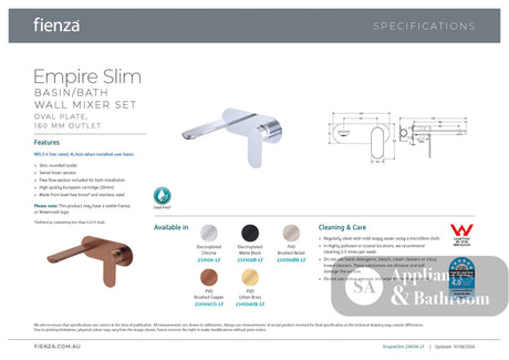 Fienza 234106B-200-LF Empire Slim Basin/Bath Wall Mixer Set Oval Plate 200mm Outlet Lead Free Matte Black - Bathroom