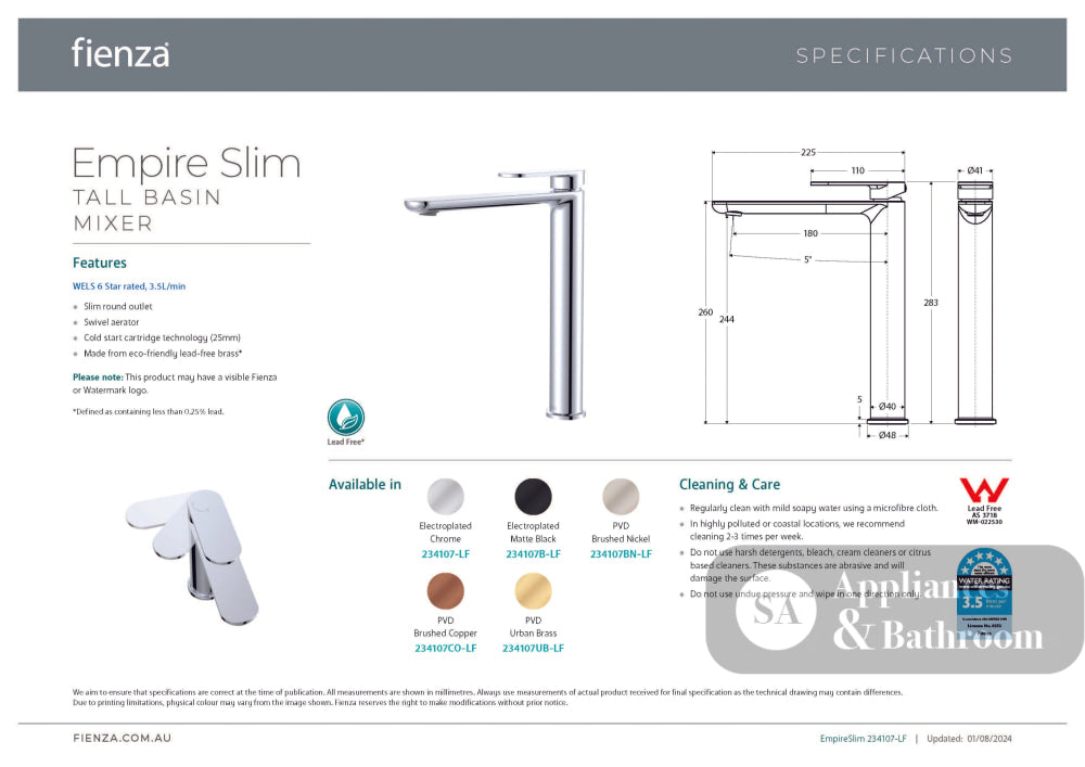 Fienza 234107B-LF Empire Slim Tall Basin Mixer Cold Start Lead Free Matte Black - Basin Mixers