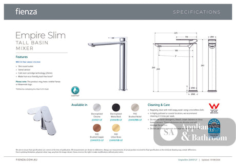 Fienza 234107BN-LF Empire Slim Tall Basin Mixer Cold Start Lead Free Brushed Nickel - Basin Mixers