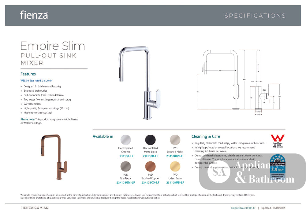 Fienza 234108CO-LF Empire Slim Pull Out Sink Mixer Lead Free Brushed Copper - Kitchen Mixer Taps