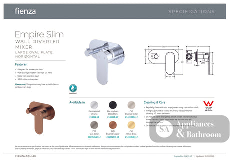 Fienza 234112CO-LF Empire Slim Wall Diverter Mixer Large Oval Plate Horizontal Lead Free Brushed Copper - Wall Mixer
