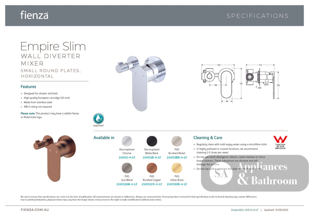 Fienza 234112GM-4-LF Empire Slim Wall Diverter Mixer Small Round Plates Horizontal Lead Free Gun Metal - Wall Mixer