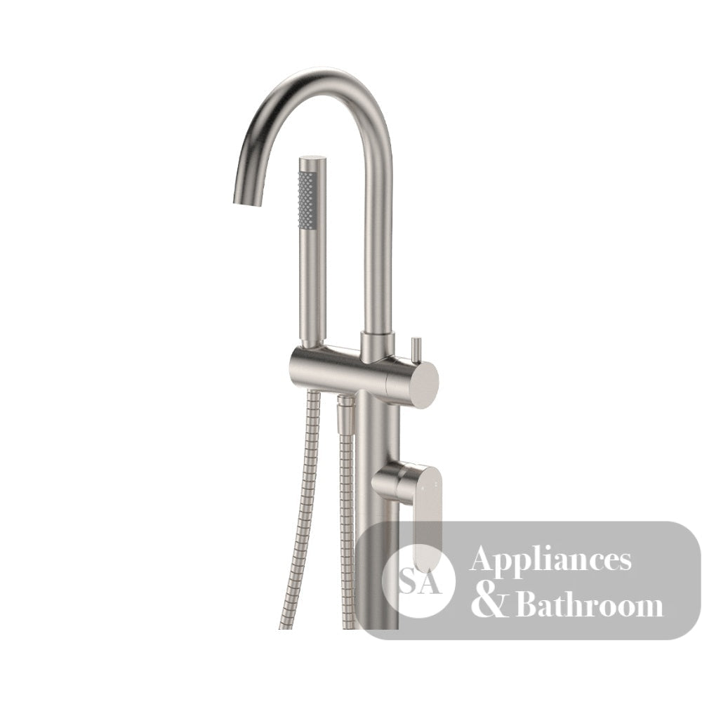 Fienza 234113BN Empire Slim Floor Mounted Bath Mixer with Hand Shower Brushed Nickel - Bath Fillers